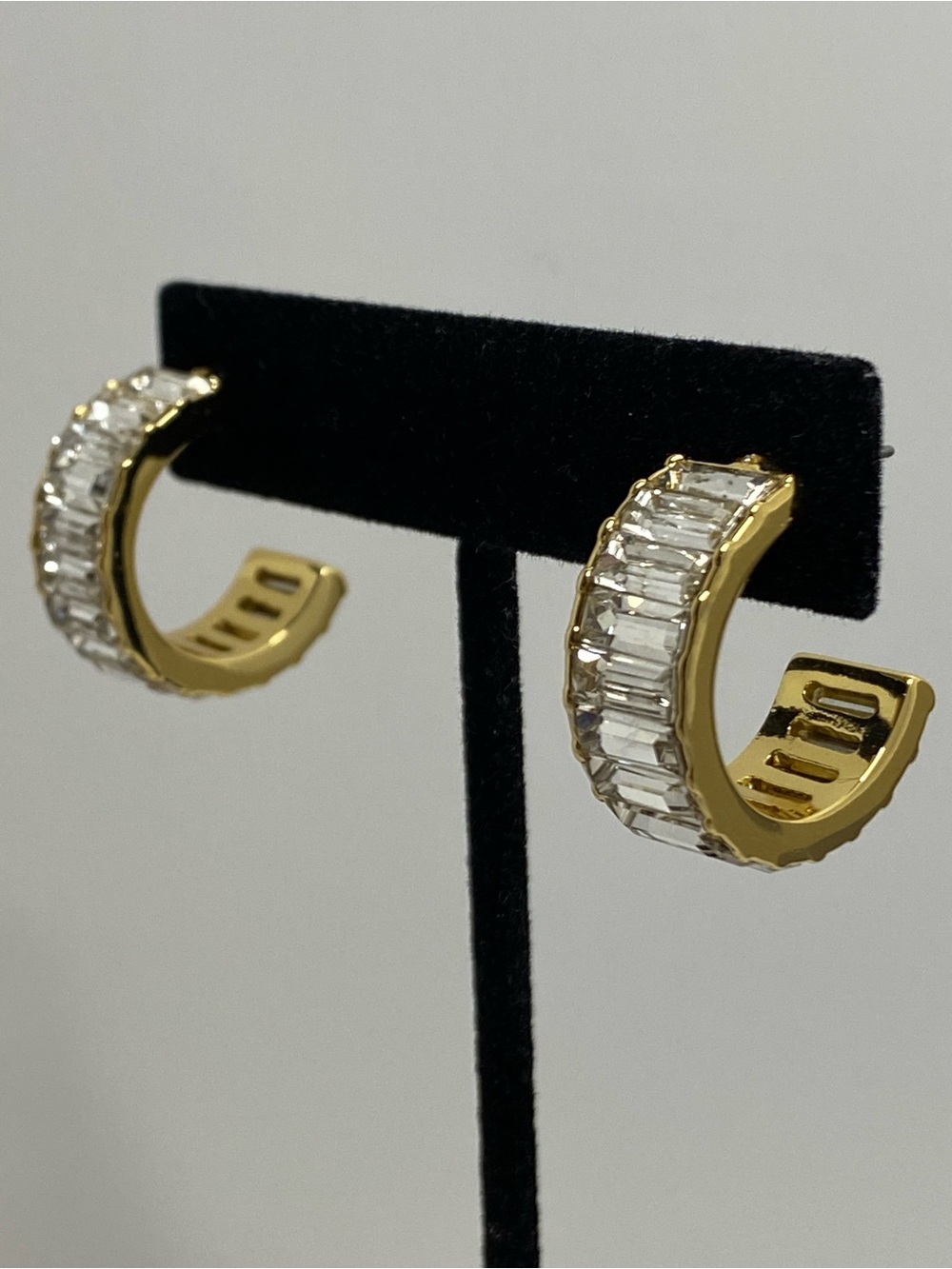 Talbots NWOT Gold Tone Baguette Clear Crystal Half Hoop Earrings Pierced